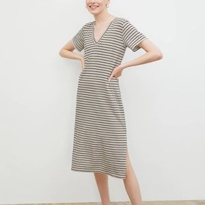 MM LaFleur Black and Cream Striped V-Neck Midi Dress